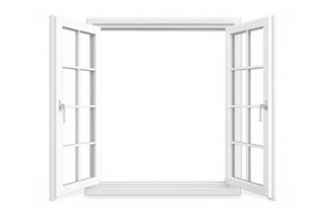 White window frame with two open casement sashes, showcasing a clear transparent background and isolated view