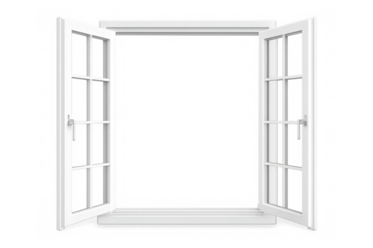 White window frame with two open casement sashes, showcasing a clear transparent background and isolated view