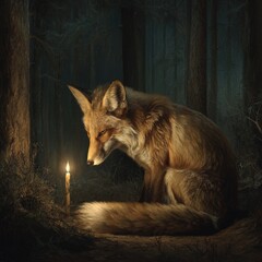 Obraz premium A lone fox sits in a dark forest illuminated by a single lit candle animal