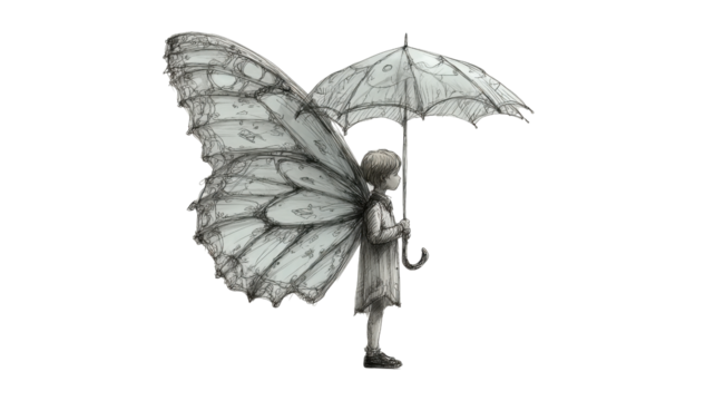 Artistic illustration of young child holding umbrella with large butterfly wings symbolizing imagination creativity innocence and fantasy dream world on white background