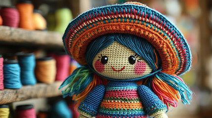 Colorful crocheted doll with sombrero in a craft store Generative AI