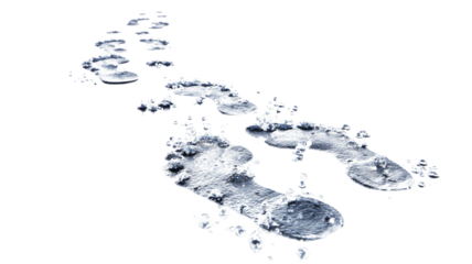 Realistic water splash footprints forming a trail on wet surface symbolizing freshness, nature, environment and purity concept on white background