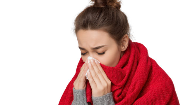 Woman sneezing into tissue while wearing red scarf showing cold, flu, allergy or illness concept health and wellness expression on white background