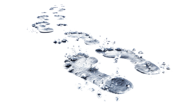 Realistic water splash footprints forming a trail on wet surface symbolizing freshness, nature, environment and purity concept on white background