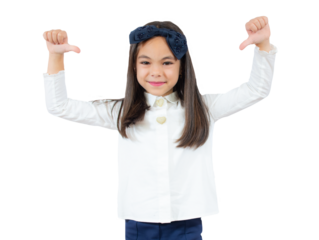 Portrait of young happy cheerful good mood positive girl smiling pointing finger at herself isolated on transparent background