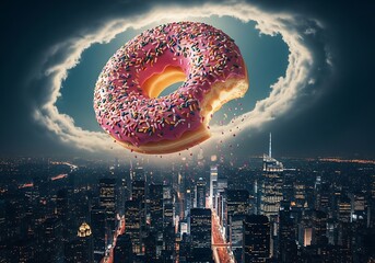 Donut Apocalypse - A Sweet Treat Threatens the City Skyline.