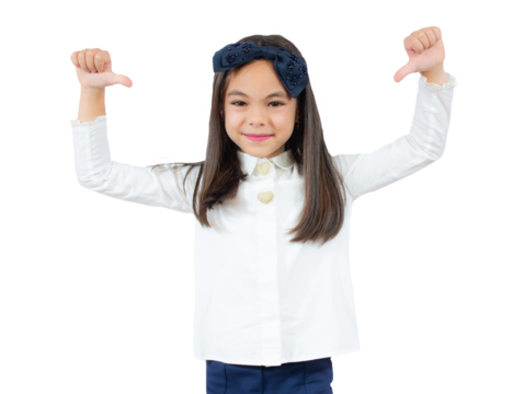 Portrait of young happy cheerful good mood positive girl smiling pointing finger at herself isolated on transparent background