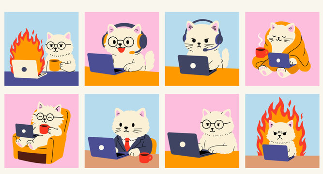 Funny Remote Work Cats with Laptops and Coffee