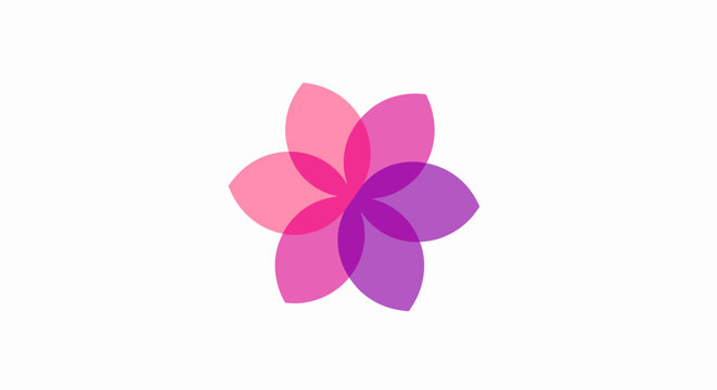Geometric flower icon with six translucent petals in magenta and violet hues. Abstract floral logo design element for a spa, cosmetic, or wellness brand. Vector eps file