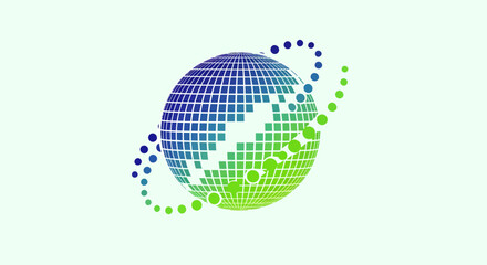 Digital world icon with a blue and green gradient sphere made of squares and swirling data points, symbolizing global networks and technology