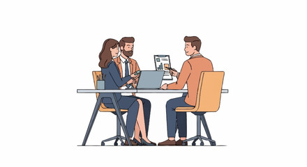 Three professionals in a meeting, collaborating around a table with laptops and documents, discussing a project.