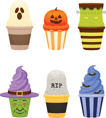 Realistic Ghost, Frankenstein, Witch's Hat, and Halloween-Themed Ice Cream Cups
