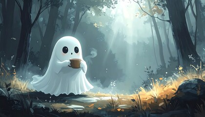 An adorable cartoon ghost enjoys a warm beverage in an enchanting forest setting with soft sunlight filtering through the trees