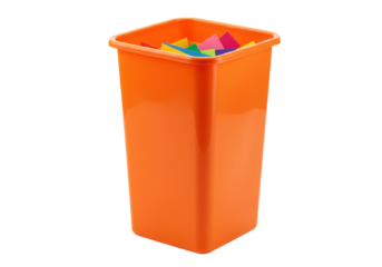 Isolated orange container filled with colorful paper, office or craft supply organizer