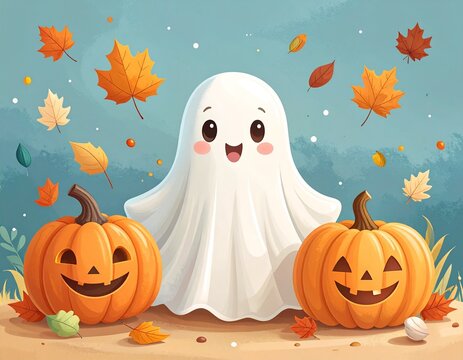 Duszek i lampiony z dyni. Ilustracja na Halloween