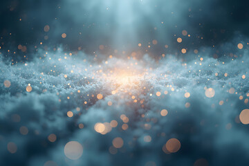 Ethereal Dark Blue Cloud Vortex with Golden Particle Bokeh and Bright Light