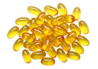 Isolated pile of omega-3 fish oil capsules or pills, shiny gelatin food supplements medicine