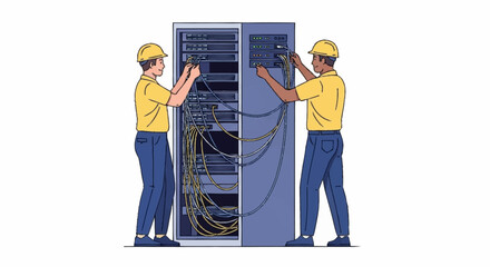 Two technicians in hard hats working on a server rack, connecting cables and performing maintenance.
