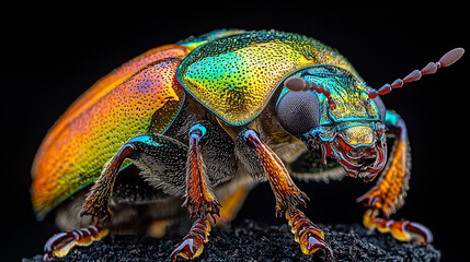 Fototapeta premium Close-up view of a colorful beetle with shiny exoskeleton Generative AI