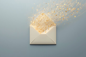 Open Cream Envelope Exploding with Golden Glitter and Sparkling Particles