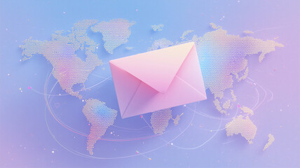 背景にドット世界地図と通信アークを薄く重ねたクラウド感の封筒