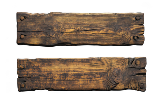 Distressed wood planks with rusty nails, rustic wooden boards texture, timber lumber, aged wood isolated on transparent background