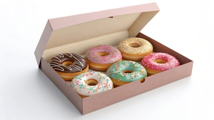 Assorted frosted donuts in a pink decorative box ready for enjoyment