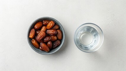 Bowl of ripe dates next to a glass of water overhead view