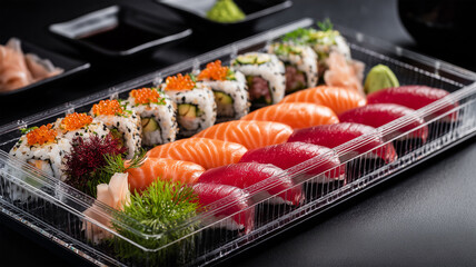 黒い卓上に透明の舟皿で盛り付けた寿司盛り合わせの上品な近景