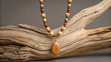 Handcrafted beaded necklace with orange pendant on driftwood