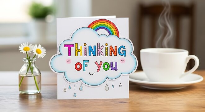 Thinking of You Card with Rainbow and Coffee Still Life.