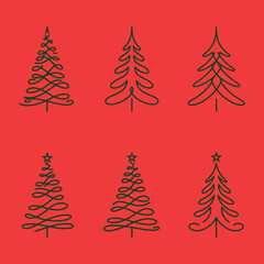 Green Continuous Line Drawing Set of Traditional Christmas Tree Icons on Red Background