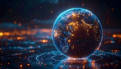 Digital Earth hologram on a glowing circuit background, illustrating global connectivity, technology, AI, data, and the future of networks