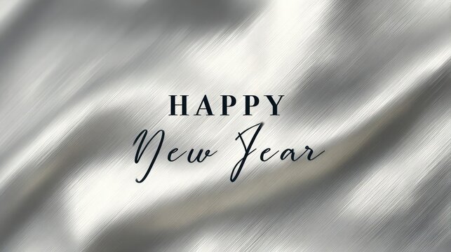 Elegant happy new year greeting text overlay on a soft flowing silver satin fabric background
