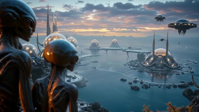 Futuristic coastal city with floating platforms and domes at sunset