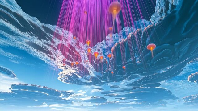 Vibrant abstract underwater scene with neon light trails and bubbles