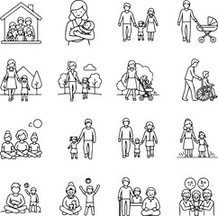 Family Life Stages Vector Icons - Parenting, Children, Elderly Care, Family Activities, and Generations