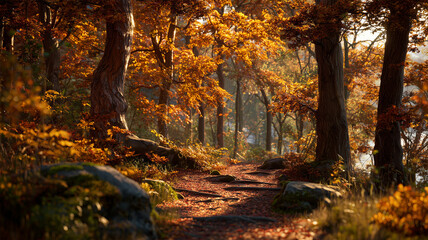 Fototapeta premium 夕暮れ前の黄金色の光が紅葉の森を照らす広角風景を静かに表現、人物なし