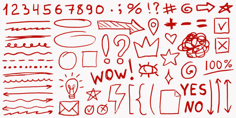 Creative cute red shapes and strokes for notes and cards, textured squiggles, funky crowns and stars, doodled lines, grainy scribbles and playful graphic elements.