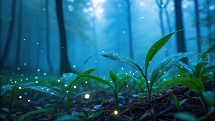 Enchanting forest glow with mystical light rays through trees