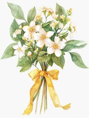 Obraz premium Watercolor flower bouquet tied with a yellow ribbon on a white background use illustration
