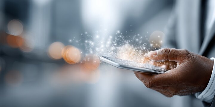 African American man holding smartphone with glowing particles emanating from screen, showcasing digital interaction and modern technology in a blurred urban environment
