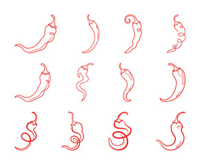 Fototapeta premium Continuous One Line Drawing Set of Chili Peppers. Minimalist Contour Vector Icons of Spicy Food.