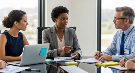Fototapeta premium Business people having a meeting in a conference room, discussing work, and looking at documents