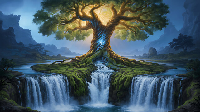 Magical glowing tree of life with cascading waterfalls and ancient castle ruins