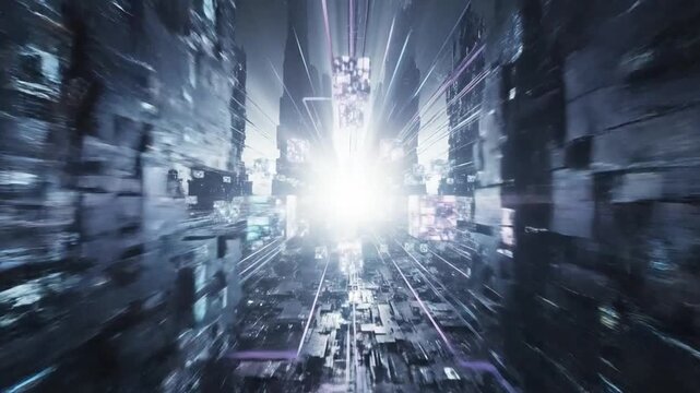 Futuristic digital cityscape with bright light at the end of a tunnel, representing innovation and progress.