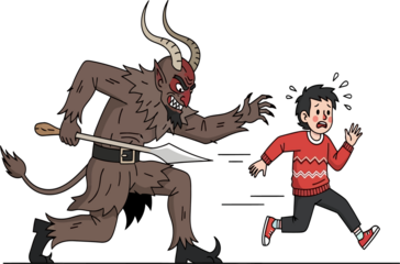 Krampus Chasing a Scared Boy with a Switch, Depicting Christmas Folklore