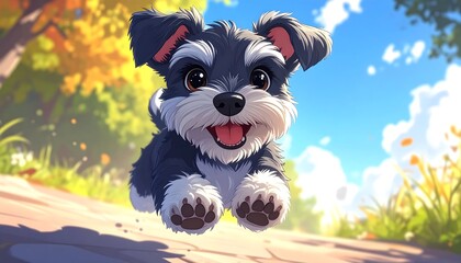 An adorable cartoon puppy joyfully leaps toward the viewer in a sunlit park setting, exuding happiness. The image is lively