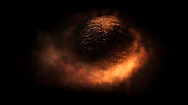 A glowing sphere covered in intricate Arabic calligraphy surrounded by fiery orange smoke - Powered by Adobe