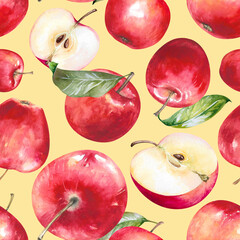 Apples, whole and half, red freshly picked ripe fruit with green leaves hand drawn watercolor illustration isolated on yellow. Juicy seamless pattern for garden, rustic, food design, fabric, wallpaper